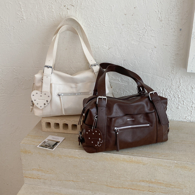 Vintage Shoulder Bag with Studded Heart Charm and Zipper