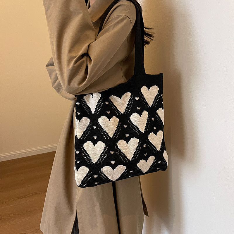 Heart Pattern Crochet Knit Shoulder Tote Bag