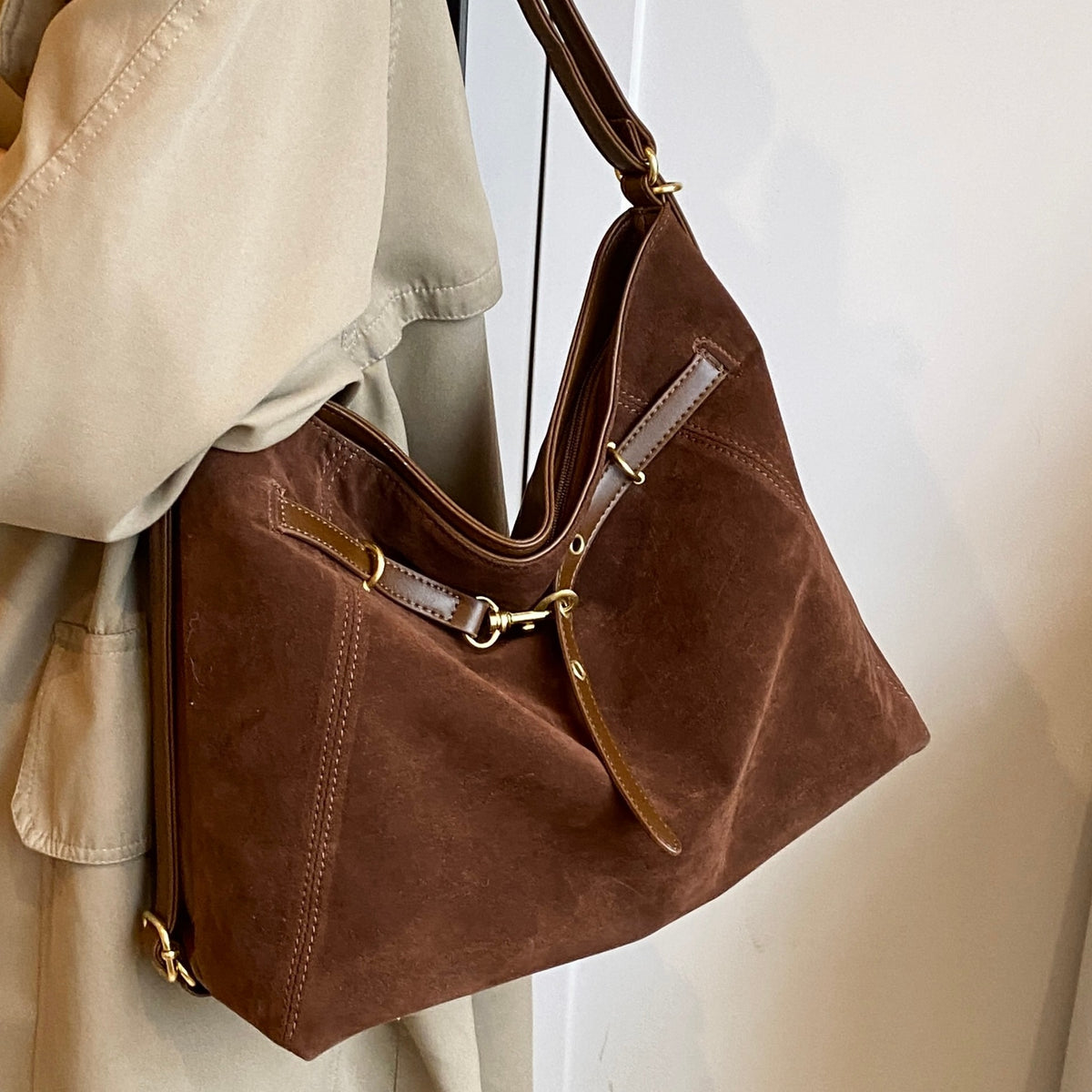 Cozy Suede Look Shoulder Bag with Buckle Detail