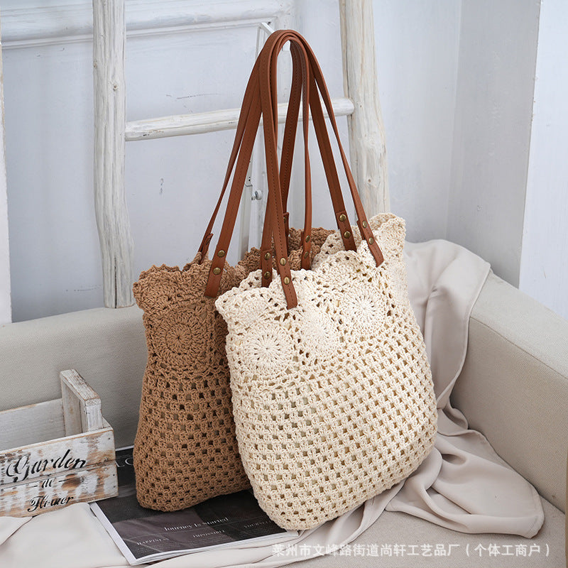 2026 Woven Straw Crochet Hollow Flower Large Capacity Beach Vacation Shoulder Bag