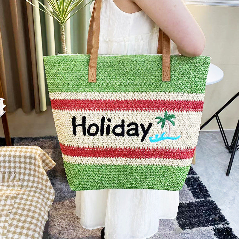 Striped Contrast Letter Embroidery Woven Beach Shoulder Bag