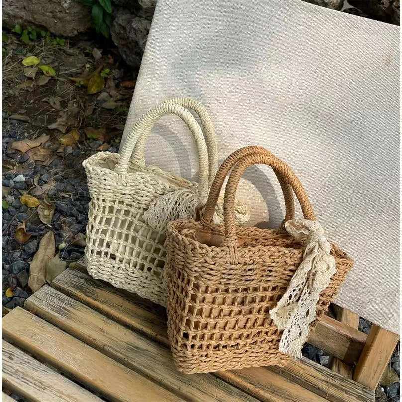 Women Bow Hollow Square Handheld Crossbody Vintage Straw Beach Bag