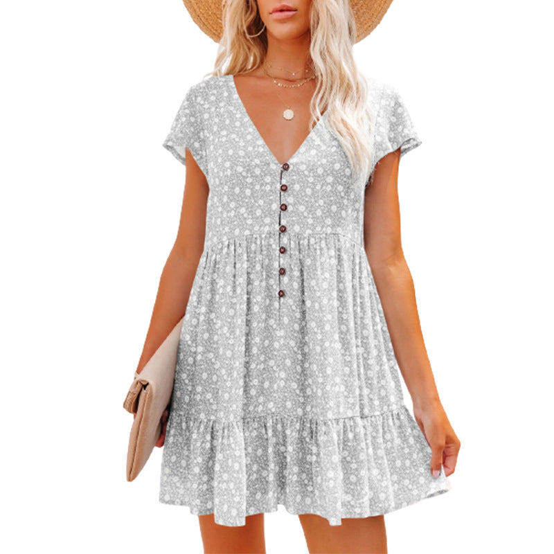 V-Neck Button Floral Short-Sleeve Loose Casual Dress