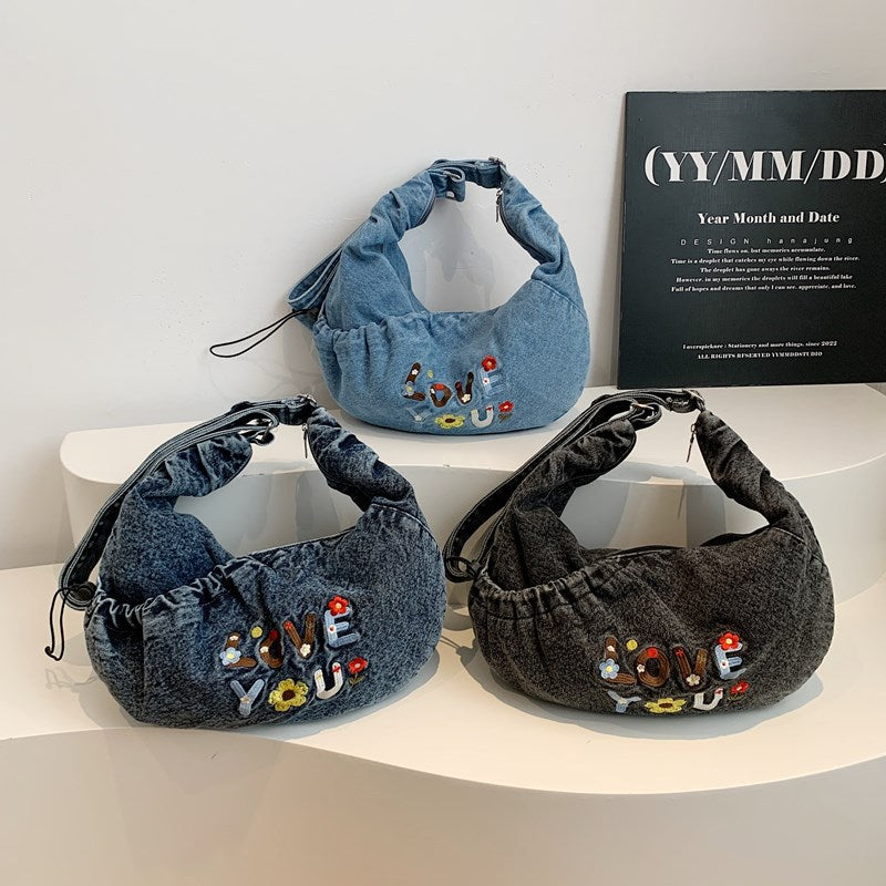 Denim Letter Shoulder Crossbody Large Capacity Tote Bag