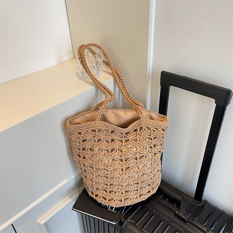 Women Fashion Hollow Woven 2026 New Lazy Shoulder Bucket Beach Bag
