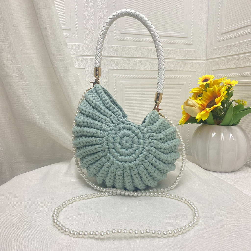 Women Handmade Crochet Conch Shell Beach Woven Pearl Chain Shoulder Crossbody Bag