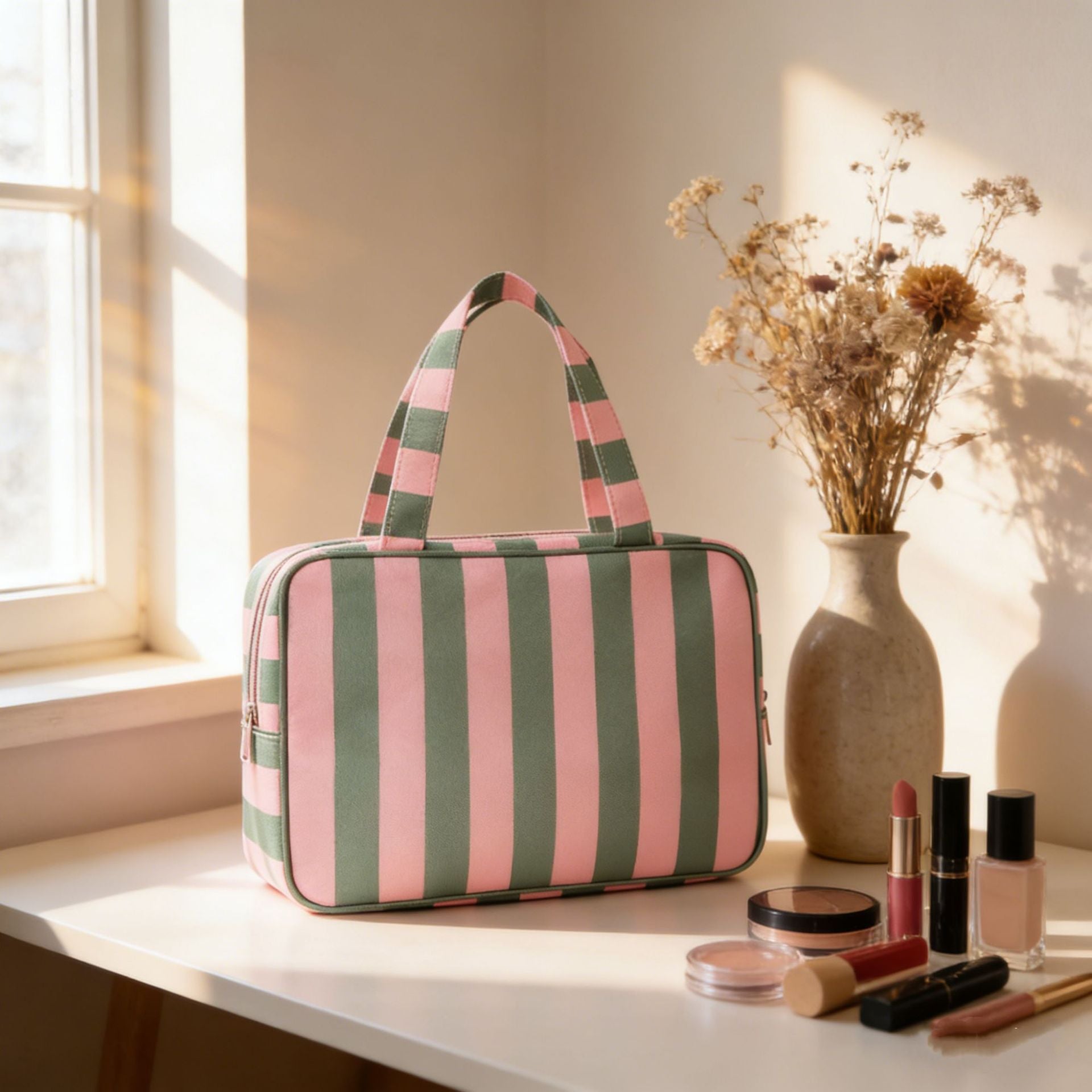 Pink White Striped Canvas Cosmetic Travel Bag