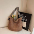 Navy Straw Woven One-Shoulder Commuter Tote Bag