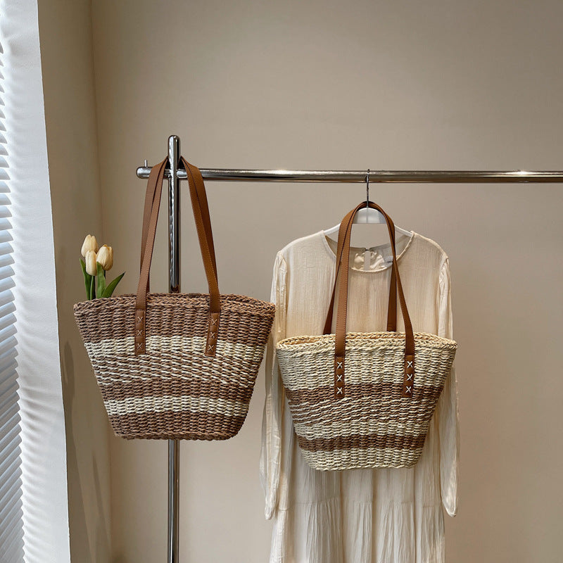 Casual Simple Striped Large Capacity Straw Woven Beach Shoulder Bag