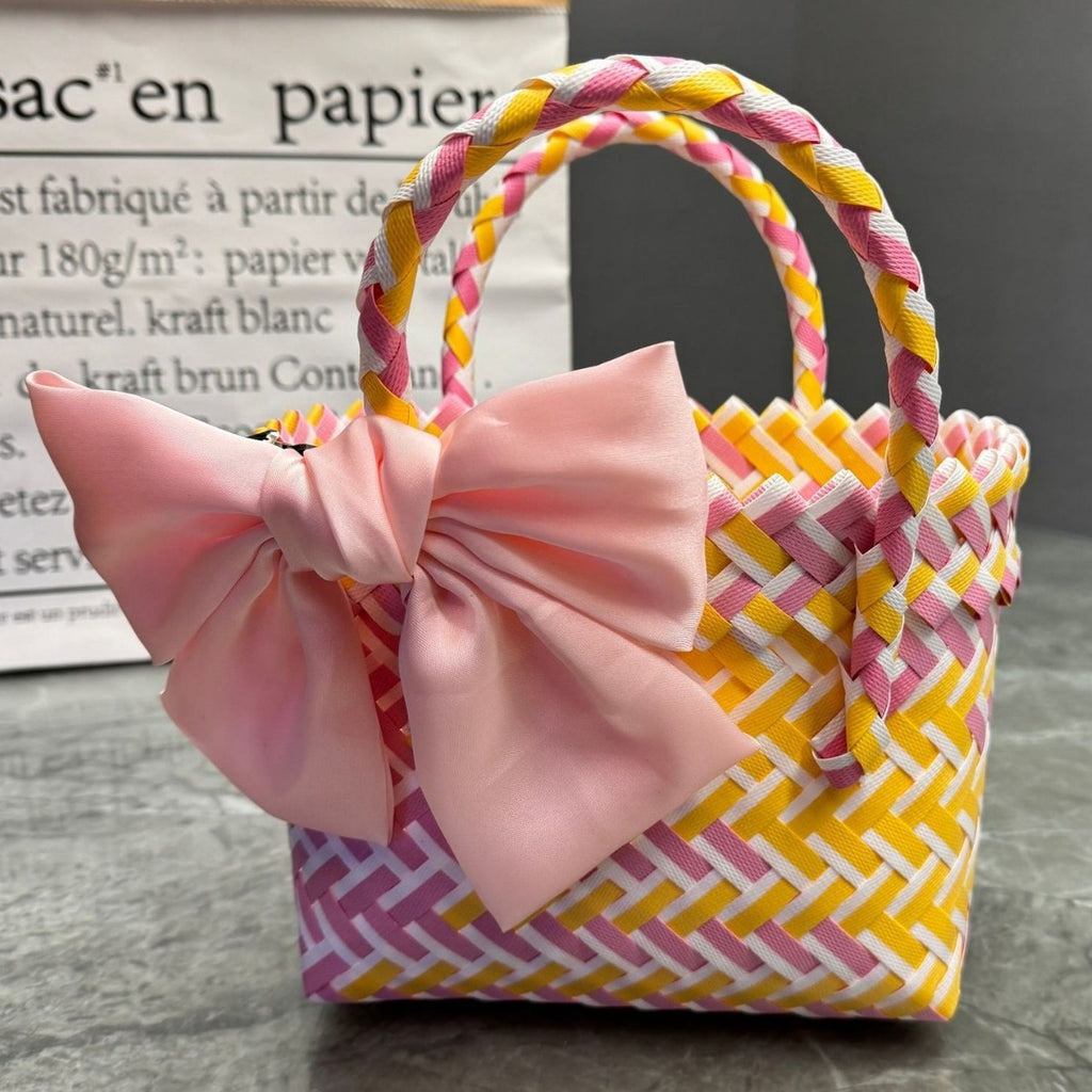 Cute Woven Basket Tote Bag with Oversized Bow Detail