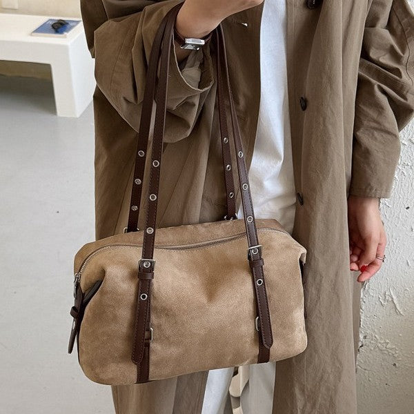 Vintage Suede Boston Bag with Buckle Straps