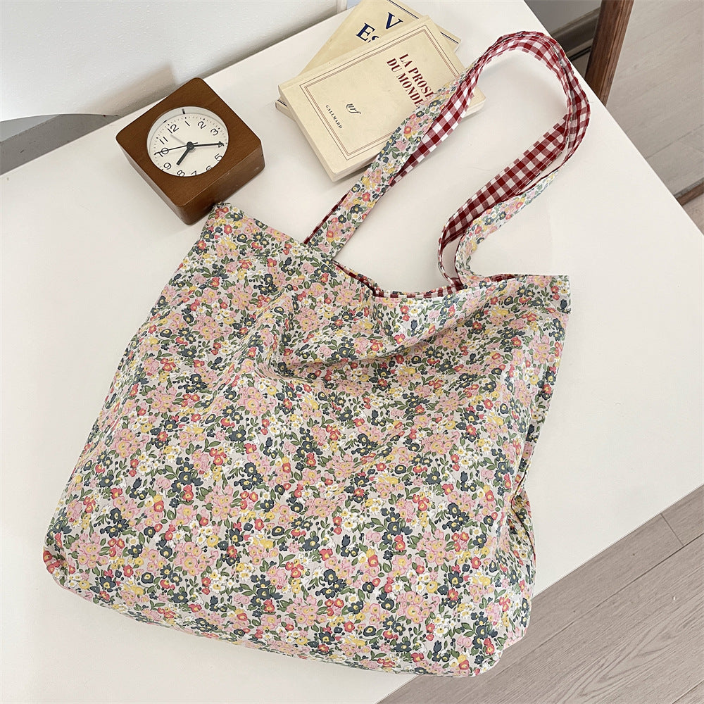 Bubble Cotton Double-Sided Plaid Floral Canvas Tote