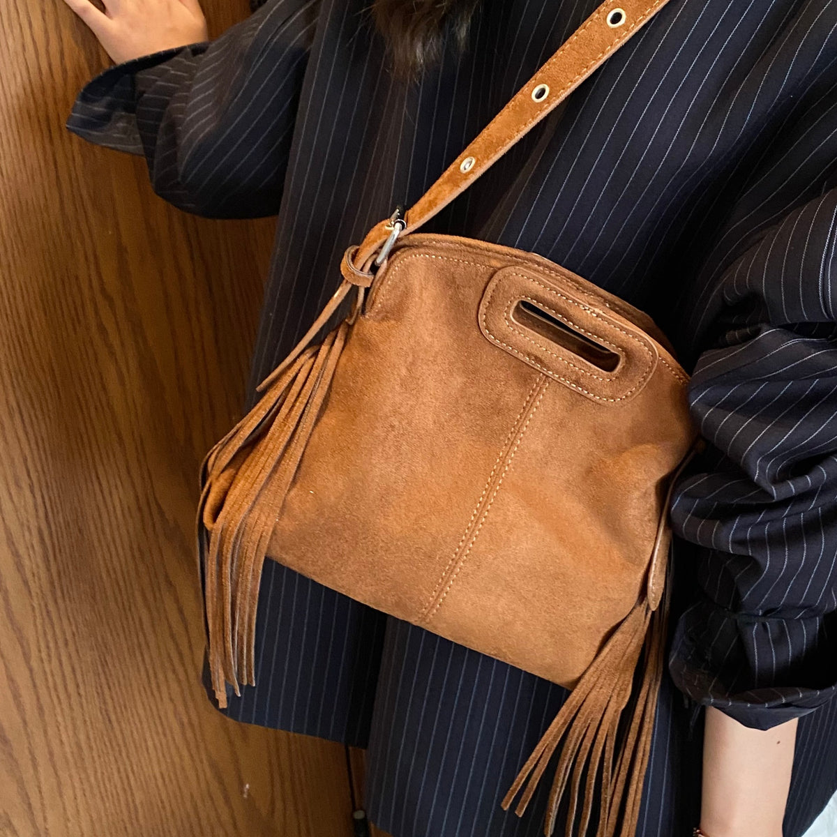 Vintage Faux Suede Fringe Crossbody Bag with Cutout Handle
