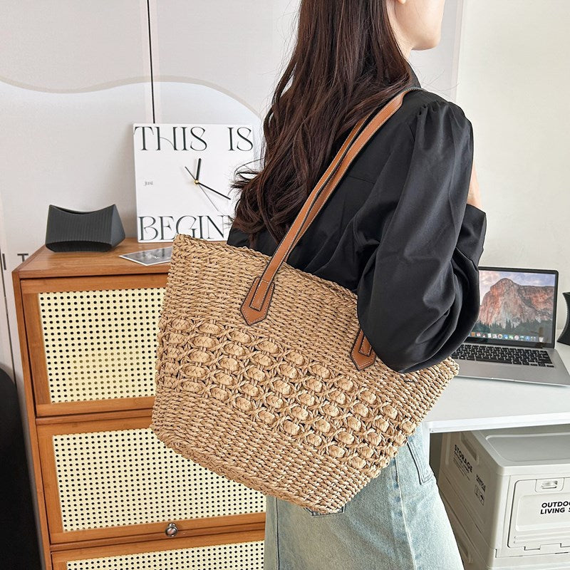 Women Beach Straw Stylish Woven Shoulder Large Spring Tote Bag