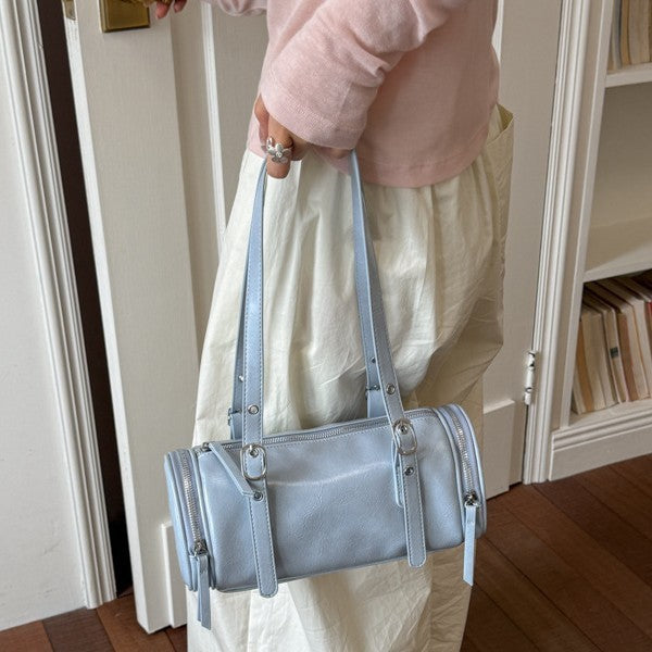 Barrel Shoulder Bag with Sleek Zippers and Buckle Accents