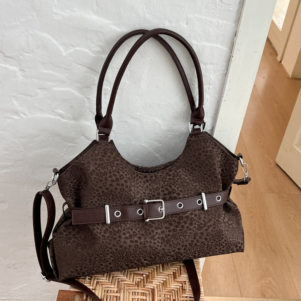 Leopard Print PU Leather Belted Shoulder Tote Bag with Detachable Strap