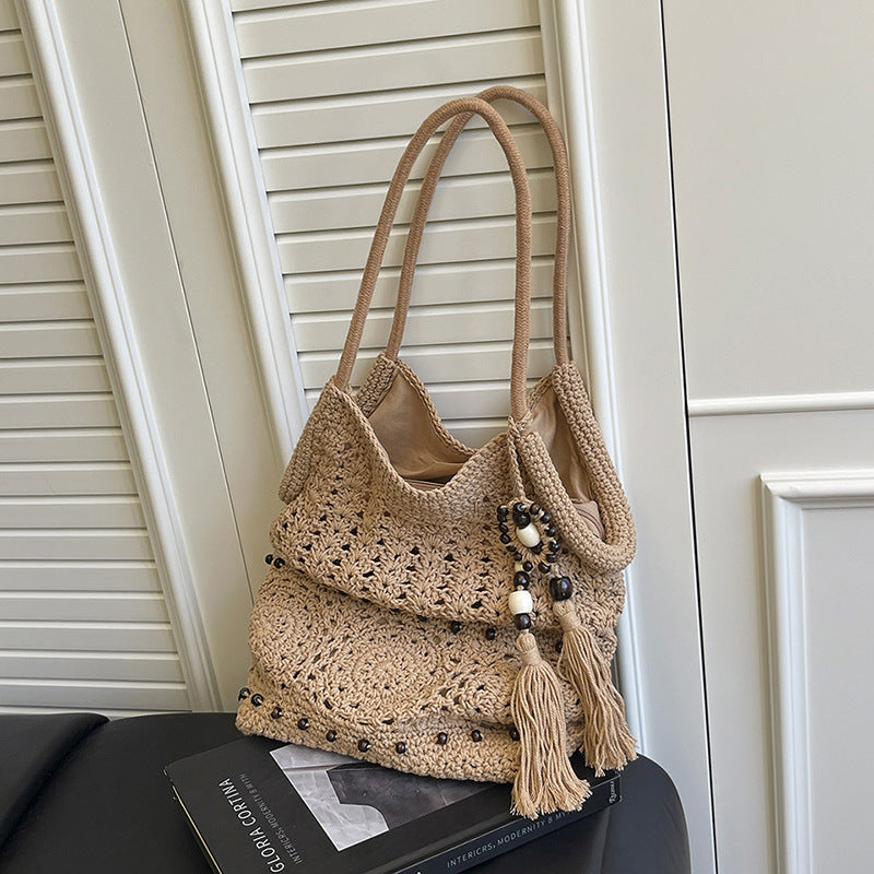 White Woven Hollow Tassel Detail Large Capacity Shoulder Tote Bag