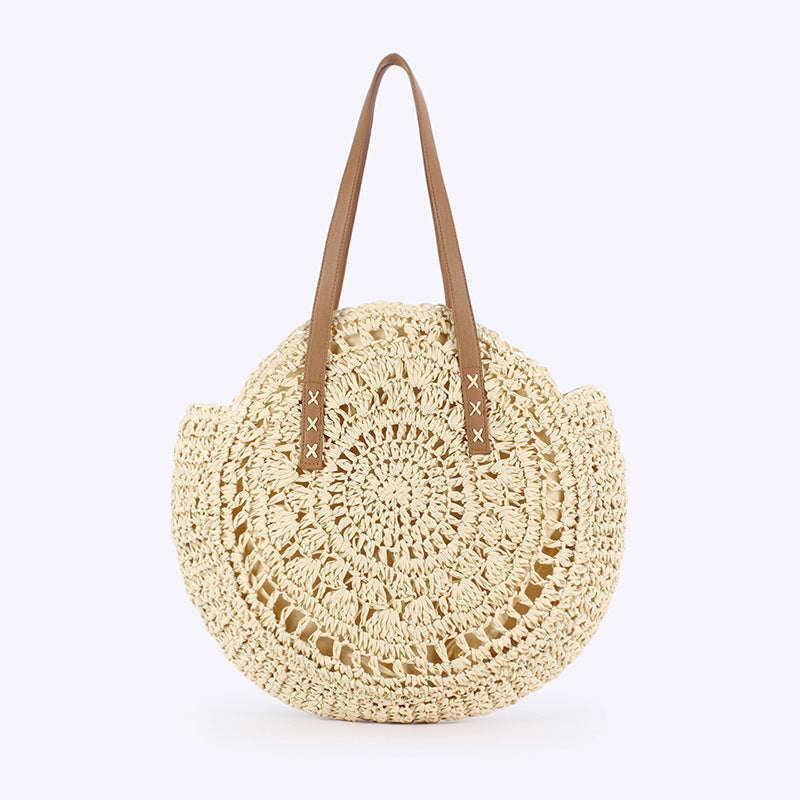 Women Simple Round Paper Rope Woven Shoulder Fashion Seaside Beach Vacation Bag