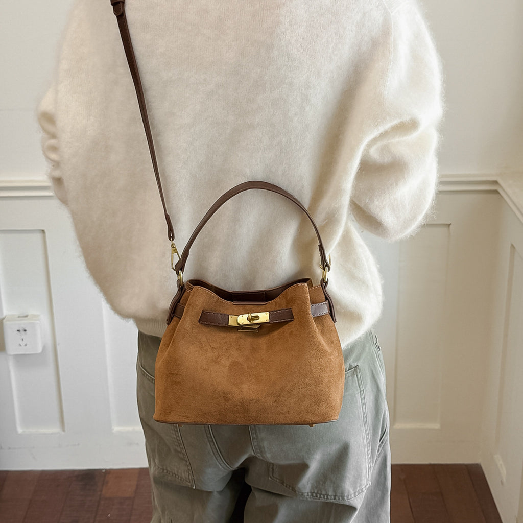 Suede Look Mini Bucket Bag with Metal Lock Detail and Adjustable Strap