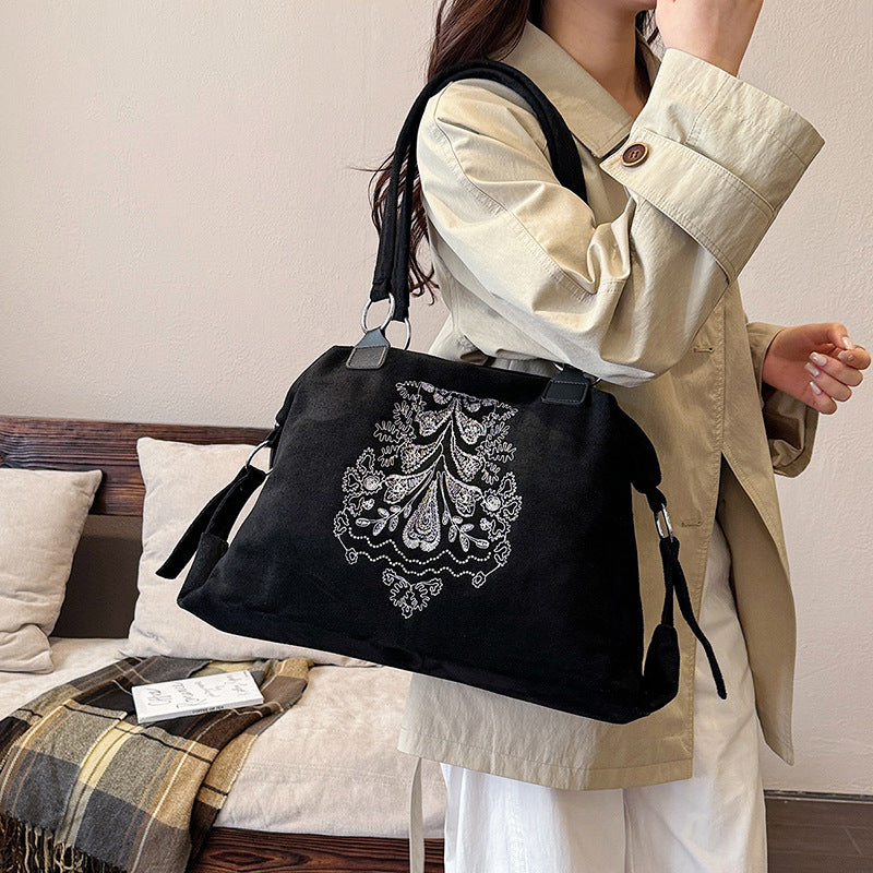 Vintage Embroidered Suede Shoulder Tote Bag