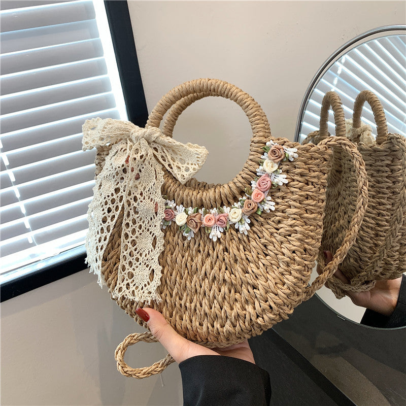 Fresh Floral Woven 2026 New Beach Shoulder Handheld Straw Bag
