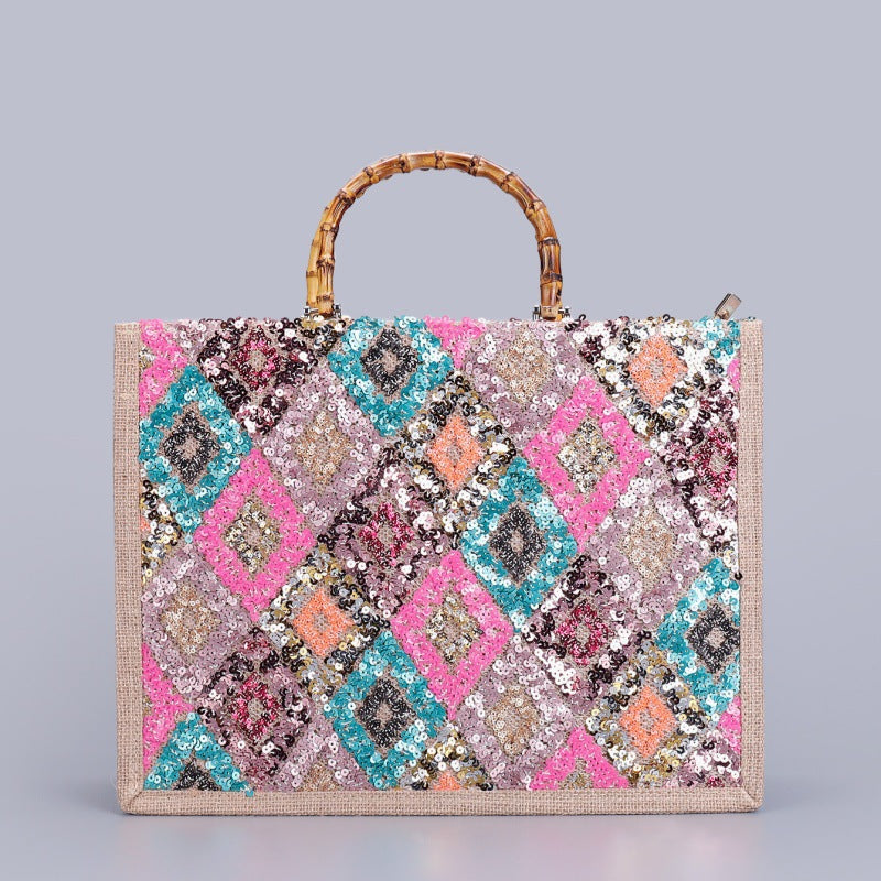 Women Bamboo Woven Straw Tote Bag, Sequin Large Capacity Handbag