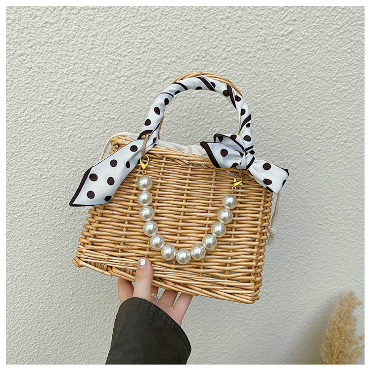 Handwoven Rattan Straw Pearl Beach Bag