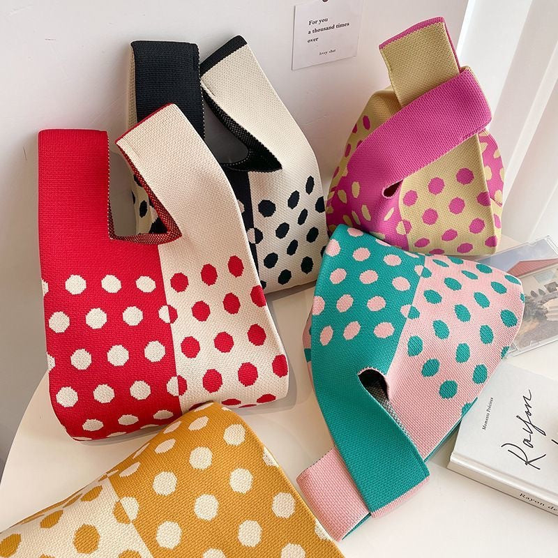 Polka Dot Knit Tote Bag with Wide Handles