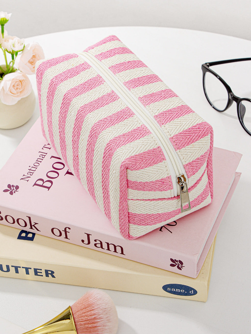 Striped Large Capacity Hand-Held Cosmetic Bag