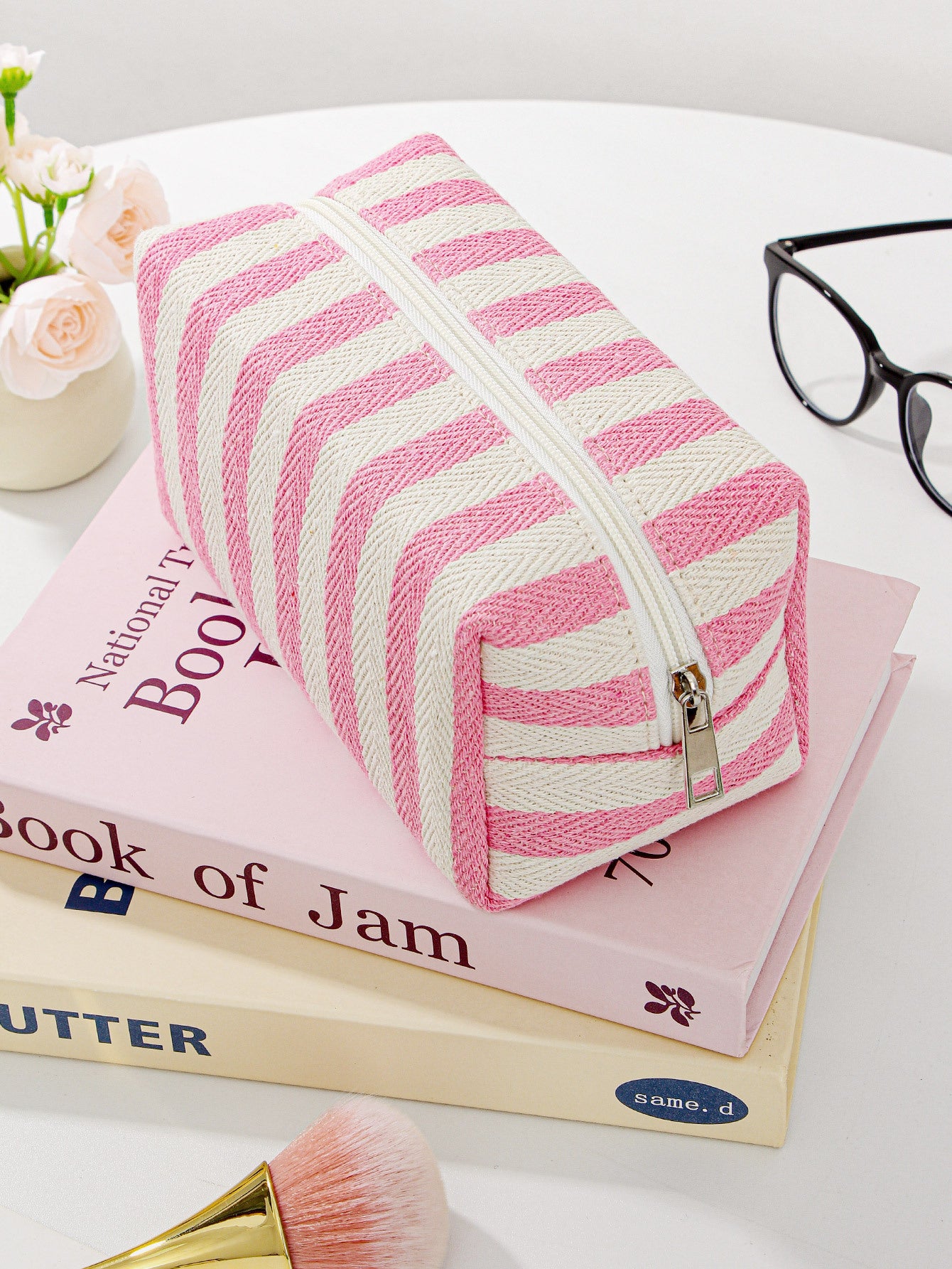 Striped Large Capacity Hand-Held Cosmetic Bag