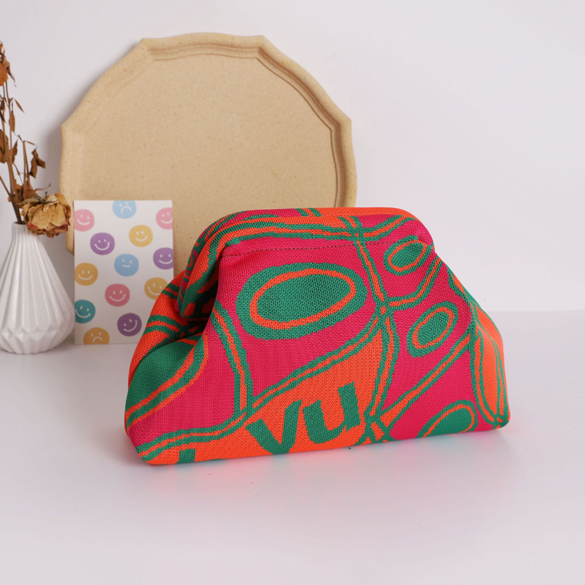 Vintage Knit Clutch Bag With Metal Frame