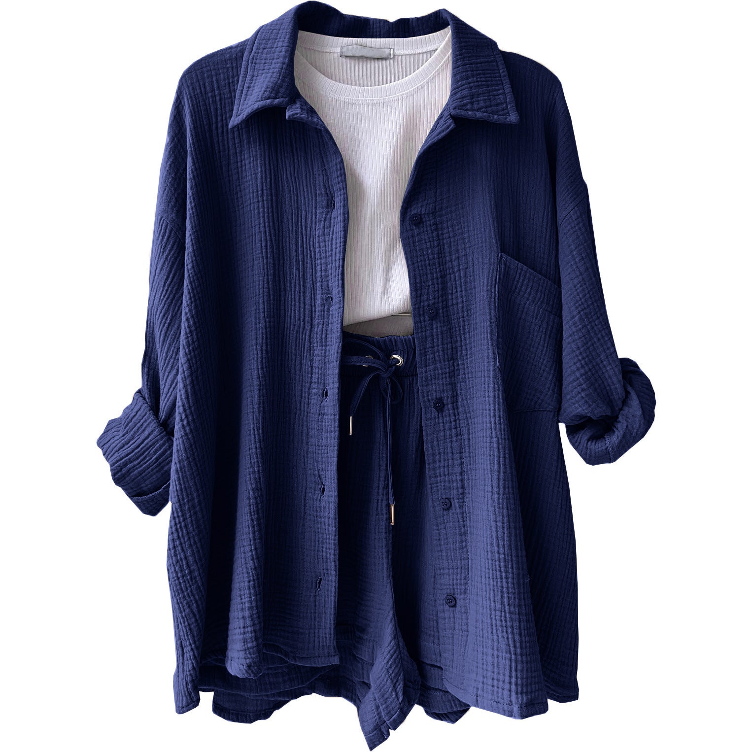 European And American Clothing Two-Piece Set Wrinkled Lapel Long-Sleeved Shirt High-Waisted Drawstring Shorts Large Size Fashion Casual Suit
