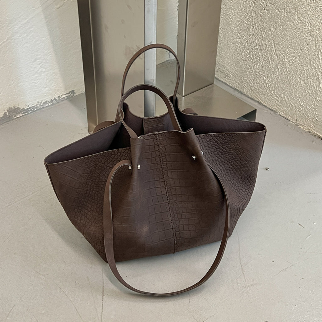 Vintage Croc Embossed PU Leather Oversized Tote Bag