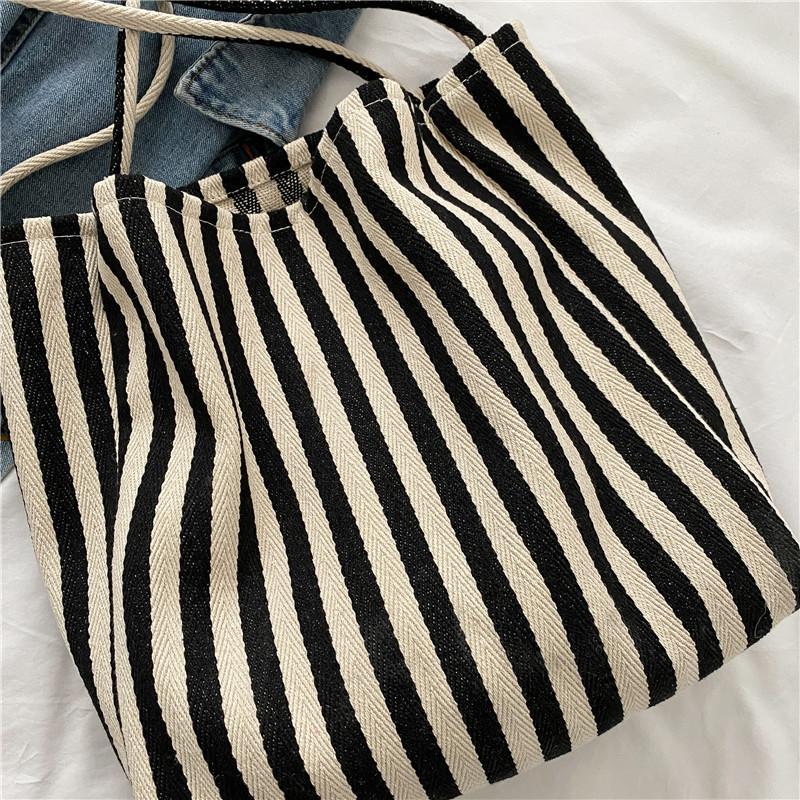 Single Shoulder Striped Canvas Large Bag