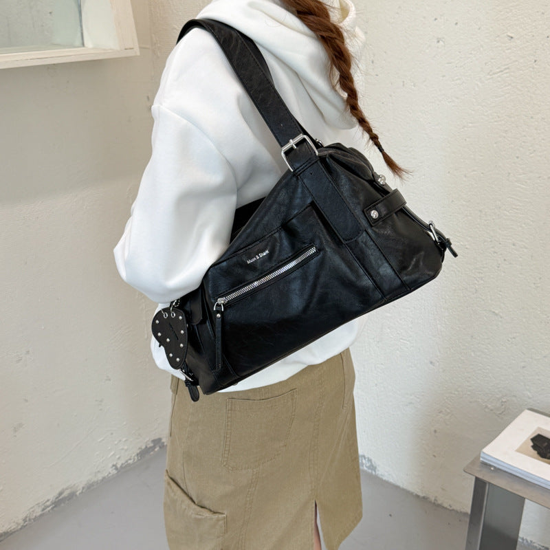Vintage Shoulder Bag with Studded Heart Charm and Zipper