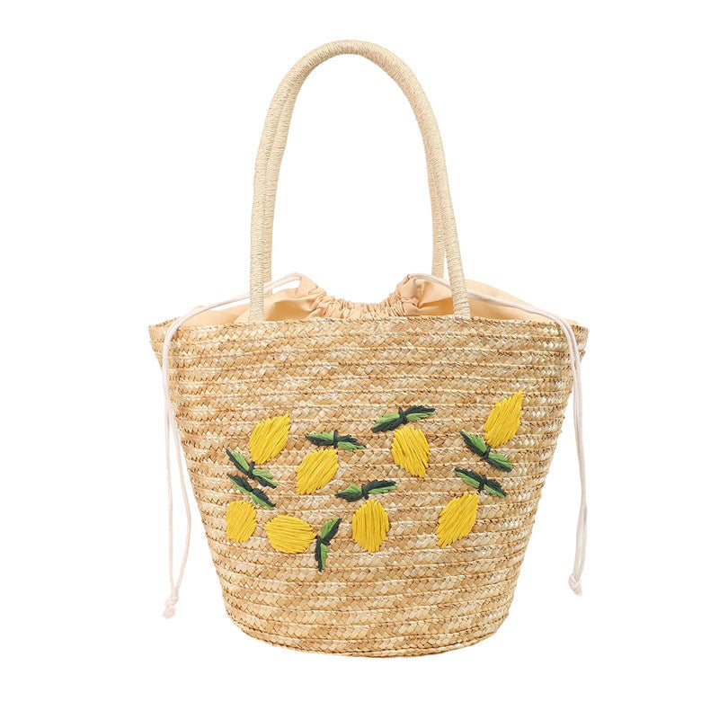 Lazy Casual Heavy Embroidery Hand-Woven Straw Shoulder Tote Bag