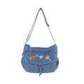 Floral Embroidered Denim Shoulder Bag with Adjustable Strap