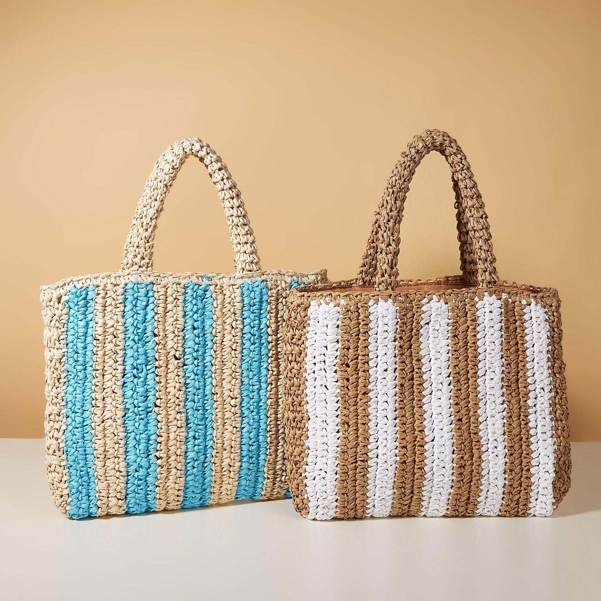 Simple Vertical Stripe Straw Beach Shoulder Bag
