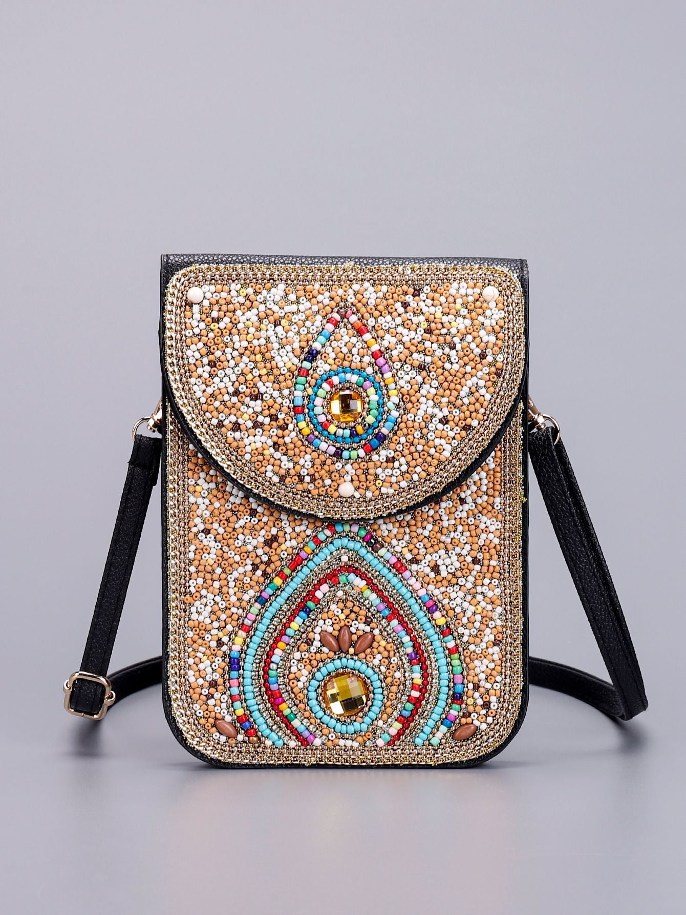 Women Ethnic Style Beaded Crossbody Bag, Handmade Turquoise Red Phone Bag