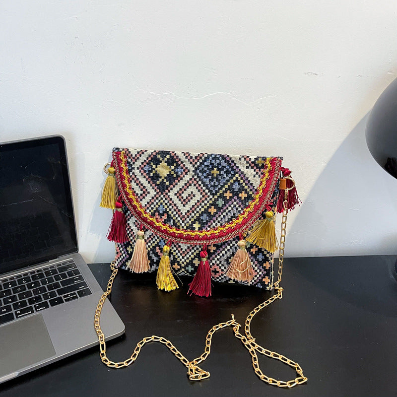 Retro Ethnic Chain Woven Canvas Shoulder Bag