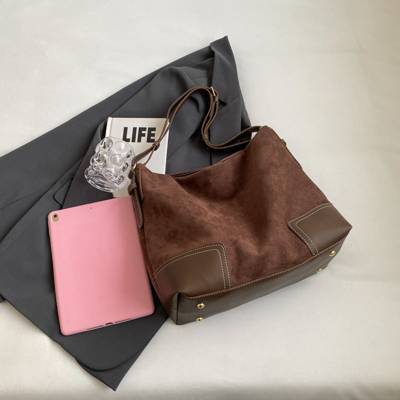 Vintage Suede Hobo Shoulder Bag with PU Leather Accents