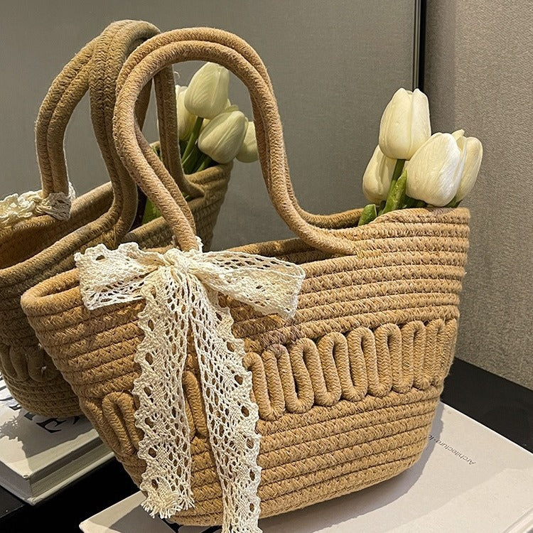 Women Bow Straw Woven Bucket Shoulder Tote Bag