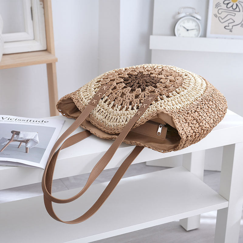 2026 Round Minimalist Paper-String Shoulder Beach Woven Bag, Woven Bag, Straw Bag, Paper Bag, Fashionable Women's Handbag, Tote Bag