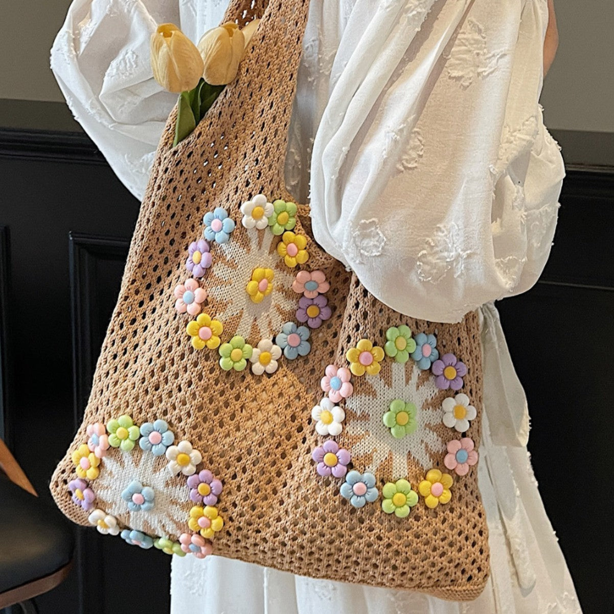 Women New Forest Fresh Hollow Knit Large Artistic Beach Shoulder Bag