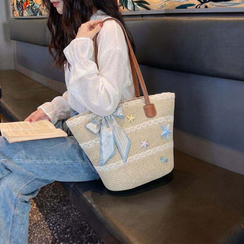 Women New Straw Picnic Woven Beach Handheld Tote Bag