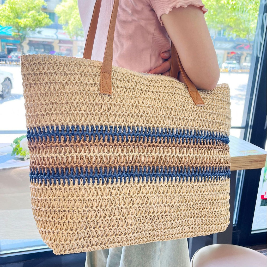 Rainbow Stripe Contrast Color Woven Straw Beach Bag