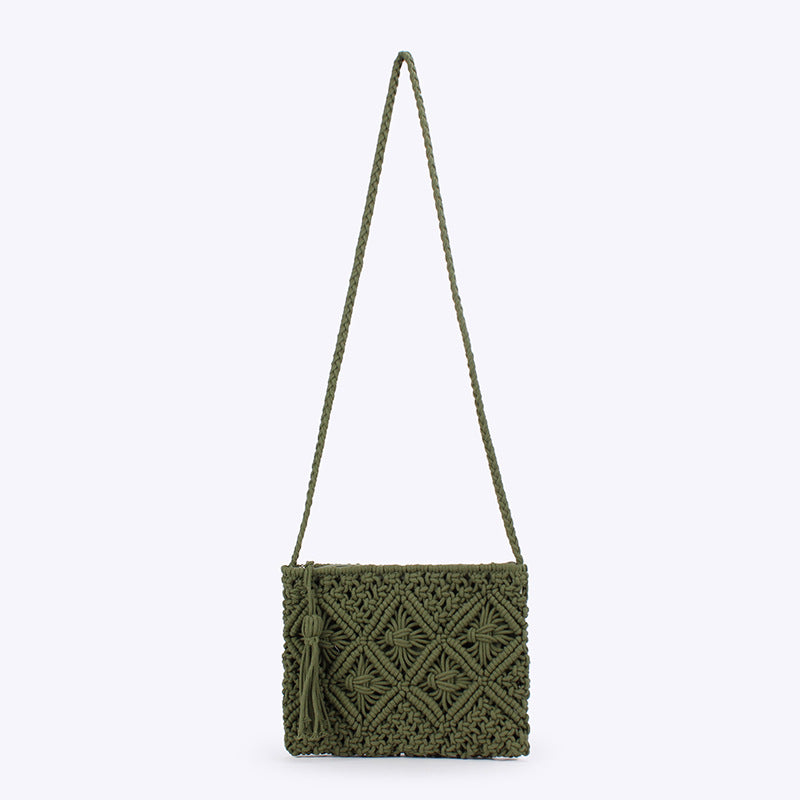 Women Retro Tassel Cotton Rope Woven Crossbody Beach Bag