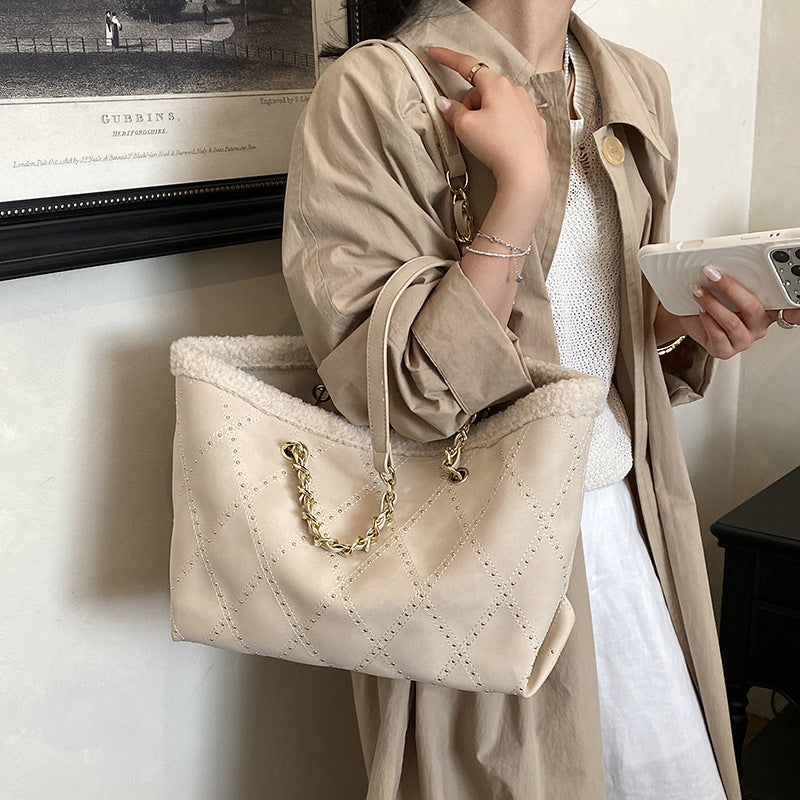 Sherpa Trim Quilted Shoulder Tote Bag
