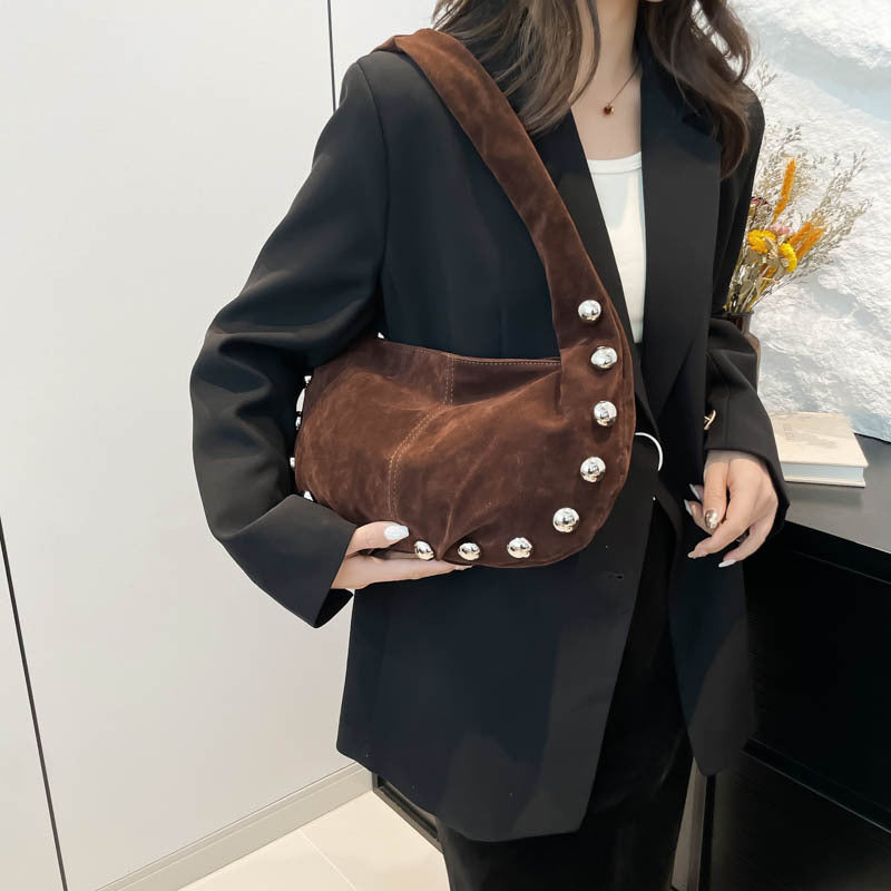 Suede Studded Hobo Shoulder Bag