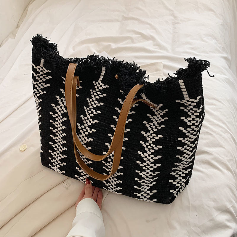 Women Large Canvas Tote 2026 New Tassel Cotton Linen Woven Minimalist Shoulder Bag